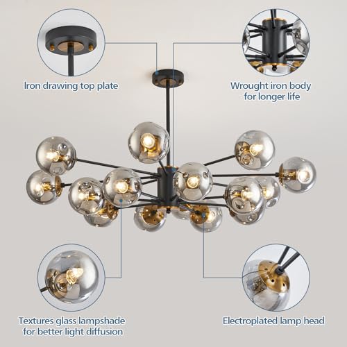 16 Lights Black and Gold Large Glass Globe Mid Century Sputnik Chandelier (Black 16-Light)