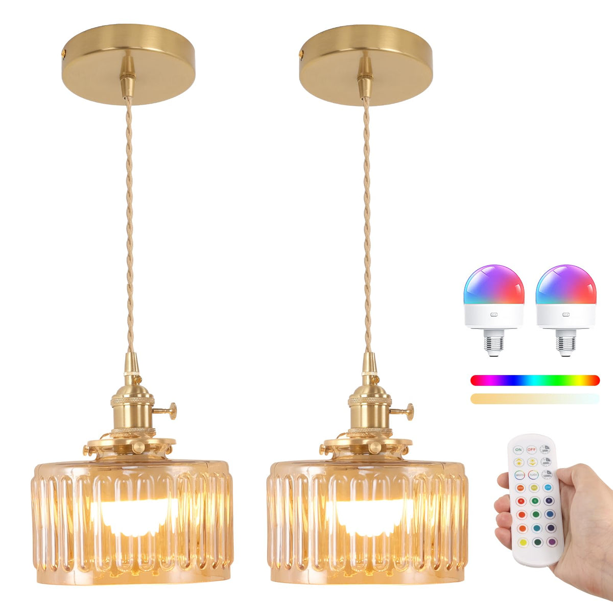 Battery Operated Pendant Light 5000mAh Rechargeable Chandelier with Remote Control Wireless Adjustable Hanging Amber Striped Light for Kitchen Island Dining Room Hallway (Z-Striped Amber new)
