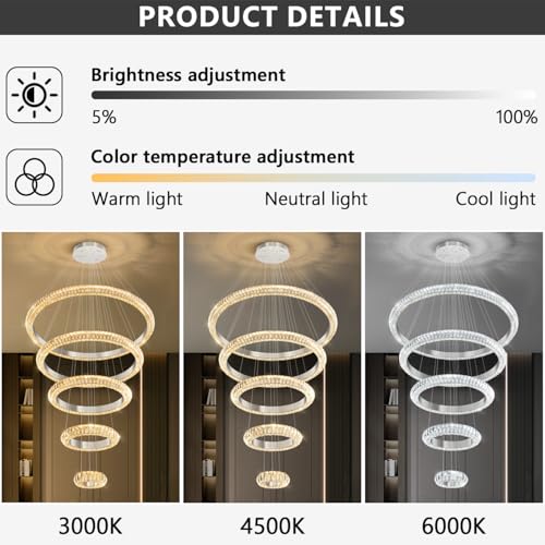 5 Ring Large Crystal Chandelier Modern LED Dimmable High Ceiling Chandelier Ring Contemporary Pendant Light Fixture for Living Room Foyer Staircase Gold D40'' (Silver / 5 Ring Round 40")