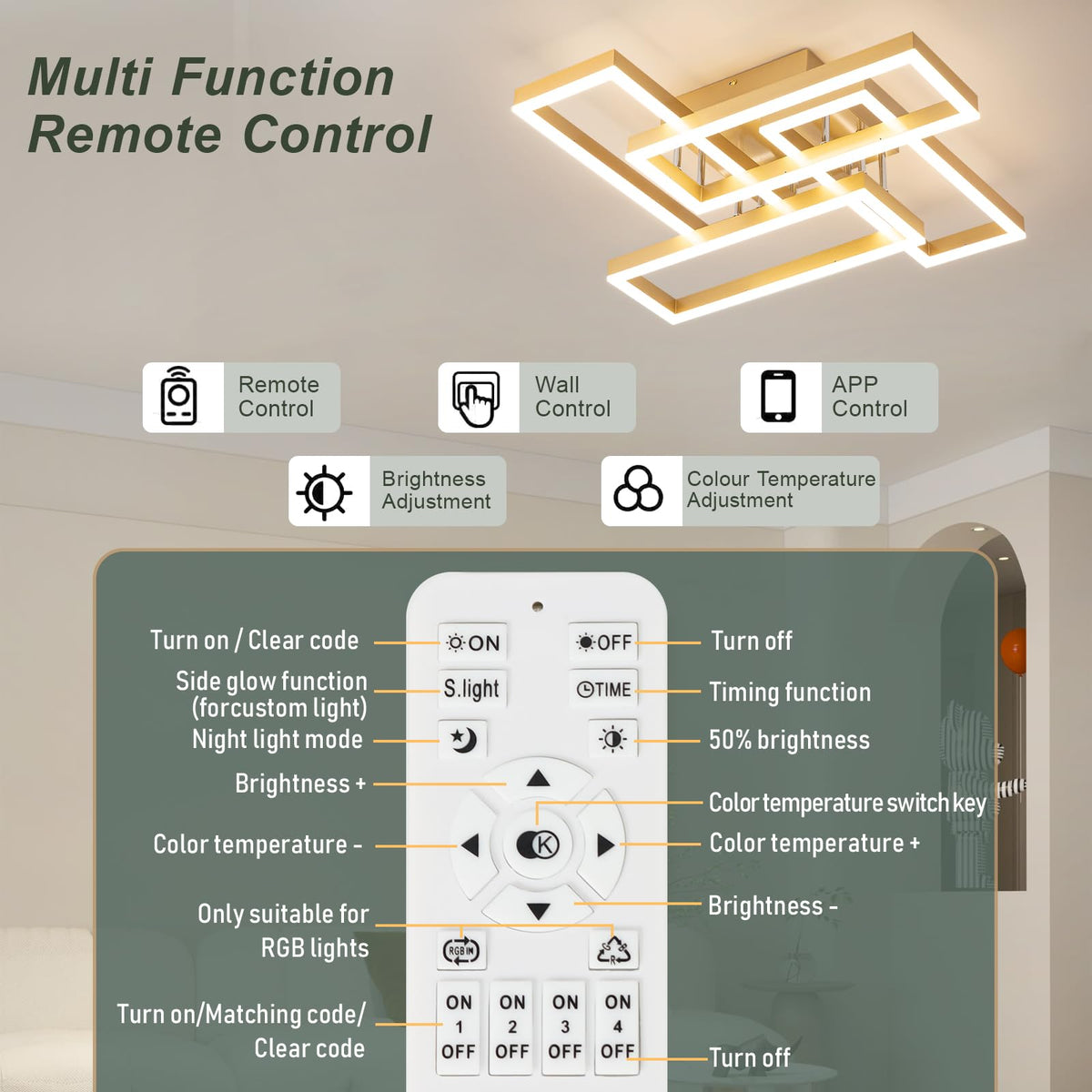 Modern Led Ceiling Light for Living Room (Gold 4 Square)