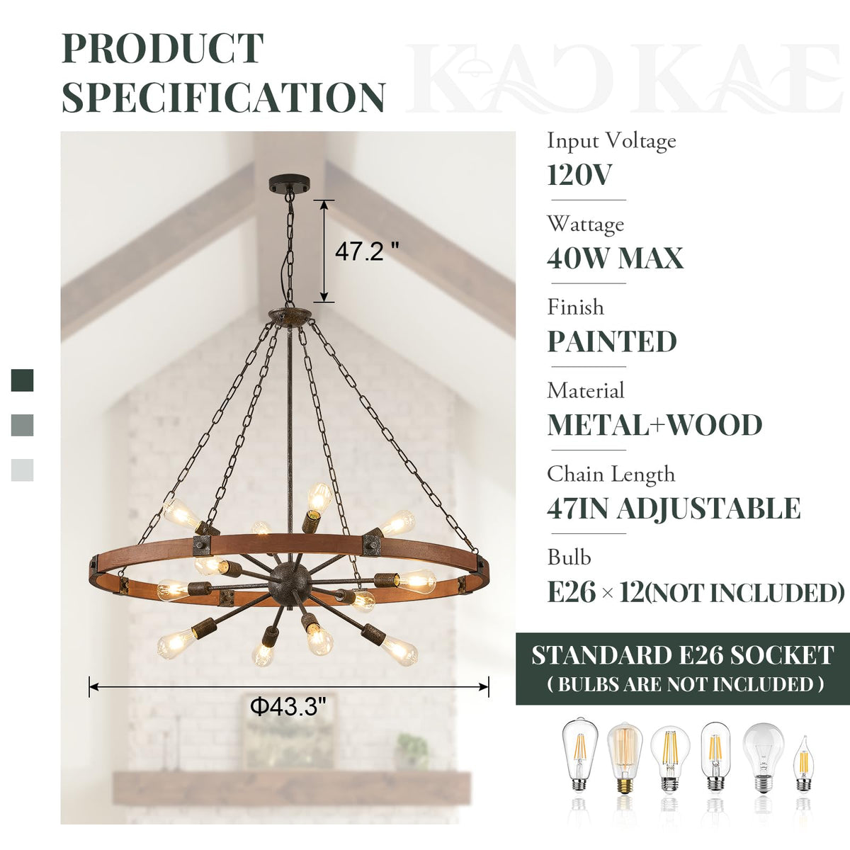 Farmhouse Wagon Wheel Chandelier 43" Wooden Chandelier Light Fixture (Walnut / 43 inch 12-Light)