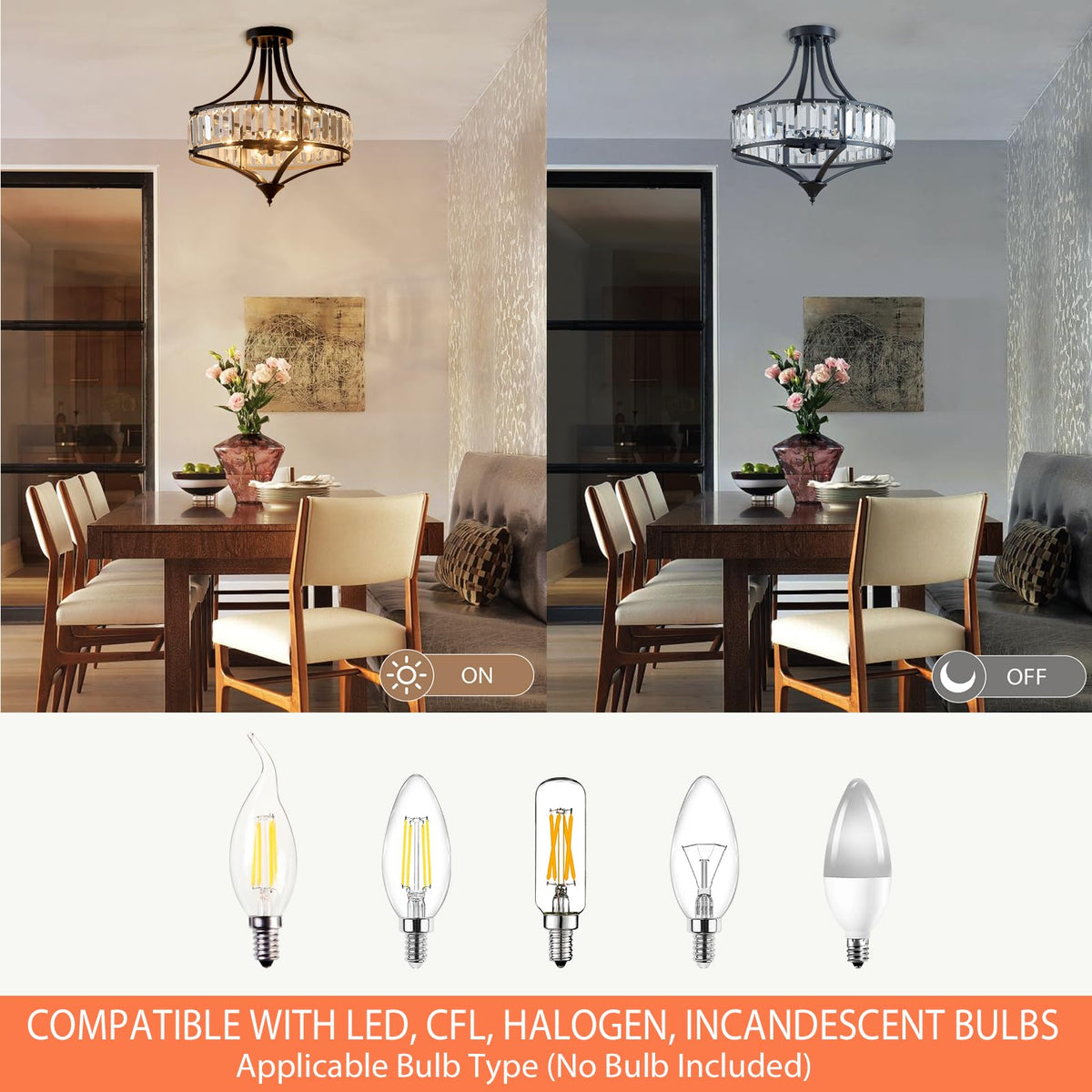 Black Crystal Chandelier Semi Flush Mount Ceiling Light Fixture Round Rustic Farmhouse 4 (Ceiling Light-Black)