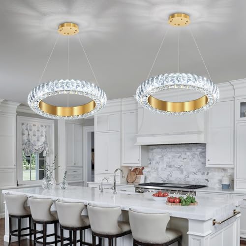 16" Ring Modern LED Dimmable Crystal Chandelier Adjustable Height Pendant Light Round Crystal Chandelier Light Fixtures for Dining Room Living Room Kitchen Island Gold (Gold / 1 Ring Round 16")