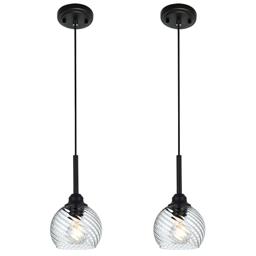 2 Pack Pendant Lights Kitchen Island with Clear Striped Swirl Globe Glass (Transparent / 1-Light-2 Packs)