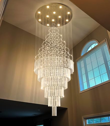 W32 x H100 Glam Chandelier with LED Bulbs Crystal Raindrop High Ceiling Pendant Light for Entrance Large Villa Chandelier Foyer Lighting Fixtures Gold (Gold / Round W32" X H100")