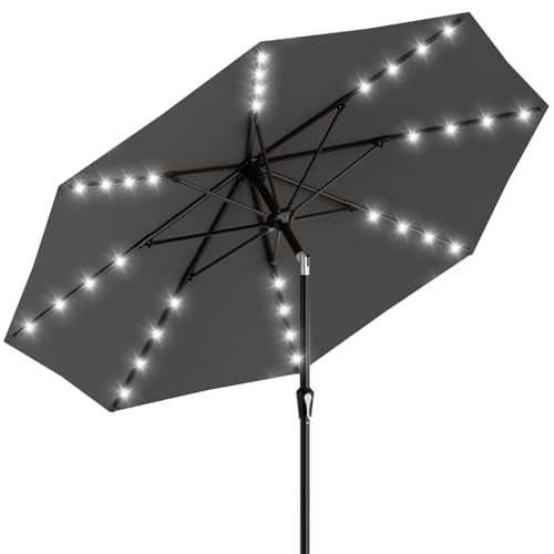 9FT Patio Umbrella with Solar Lights (Gray / 9 FT)