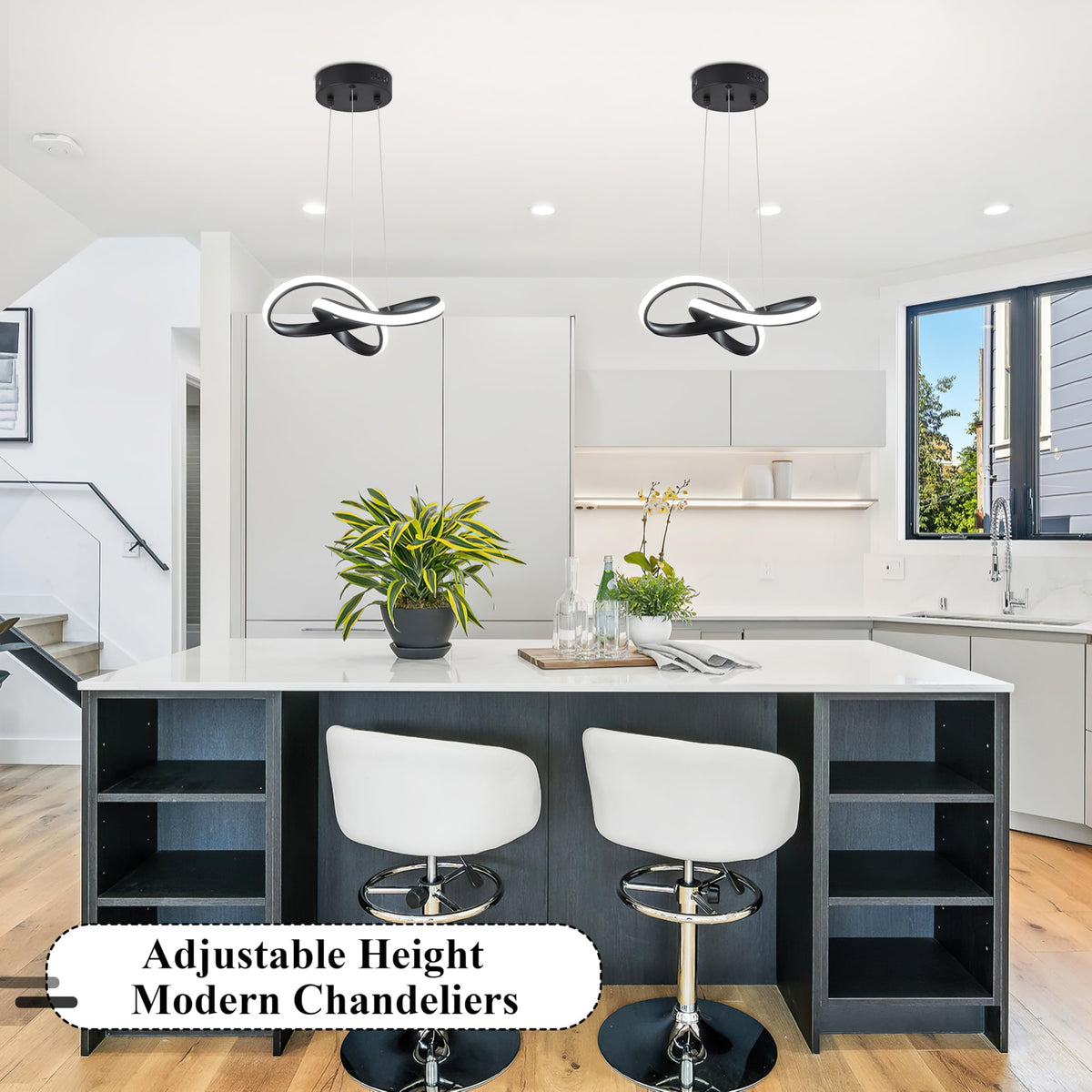 LED Chandelier Modern Pendant Light Fixture 2 Pack Simple Irregular Streamline Ring Light Black with 4500K and 59" Height Adjustable Hanging Lamp for Kitchen Island Hallway Foyer Corridor (Black / 12 Inch)