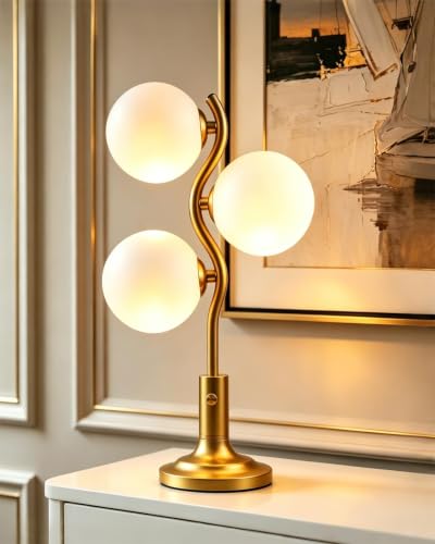 Globe Gold Table Lamp for Bedroom Gift Dimmable G9 3 Bulbs Included (01-Gold-Globe-3-S)