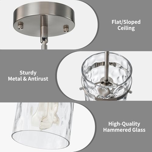 Modern Brush Nickel Hammered Glass Pendant Lights for Kitchen Dining Room (Nickel-1 Pack)