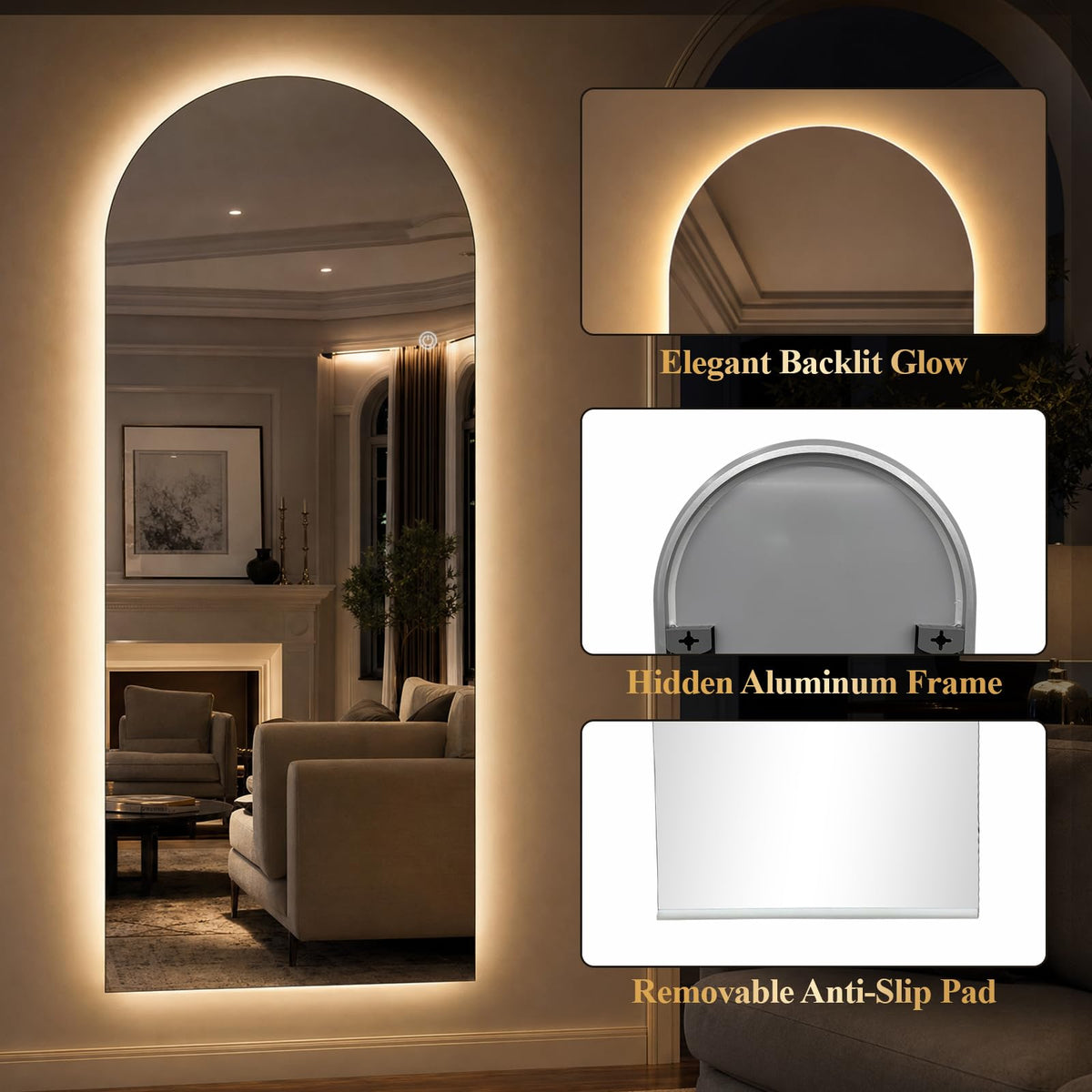 71"x30" Large LED Arched Mirror Full Length with Dimmable Lights (Frameless / 71"L x 30"W)