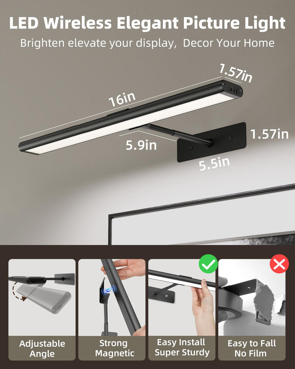 Picture Light for Wall (RGB-Black / 16inch)