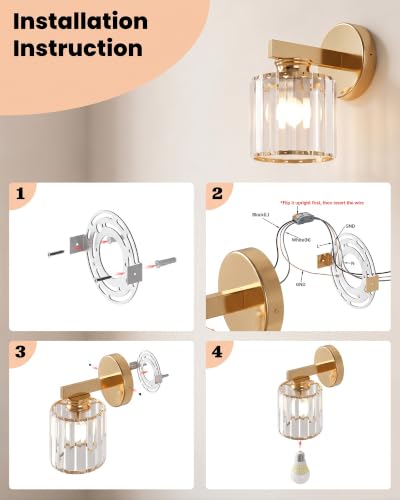 Hardwired Wall Sconces Set of Two with Crystal Lampshade (Gold-B)