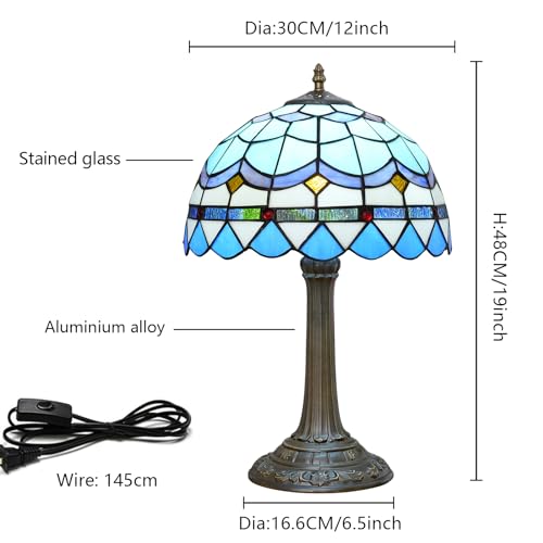 Tiffany Table Lamp Stained Glass Lamp Mediterranean Blue Bedroom Table lamp Reading Desk Light for Bedside Living Room Office Dormitory Dining Room Decorate Housewarming Gift 12X12X18 inches (Blue Mediterranean Style)