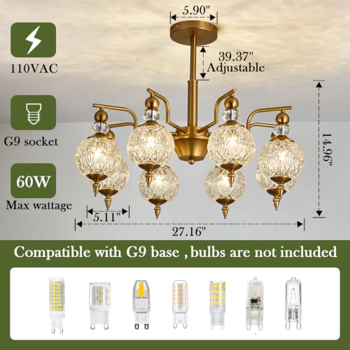 Vintage Gold Sputnik Chandelier 8 Lights Crystal Adjustable Hanging Ceiling Light Fixture Antique Large Pendant Lighting with Glass Globe Shade for Living Room Dinning Room Bedroom Kitchen (Gold / 8 light)