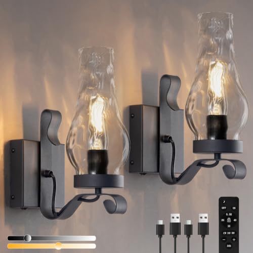 Vintage Battery Operated Wall Sconces Set of 2 (Water Ripple Black / Battery Operated)