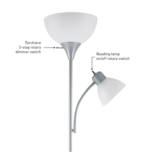 67134 72" Torchiere Floor Lamp and Adjustable Reading Light (Silver / 1 Pack)
