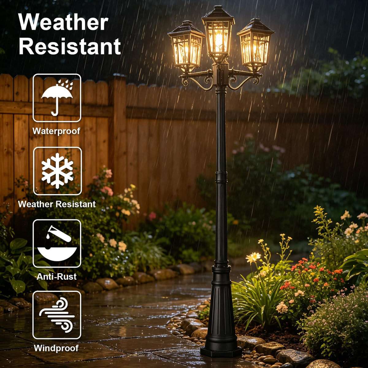 Solar Outdoor Lamp Post with 3 (Black / 3-Head-1Pack-Dusk to Dawn)