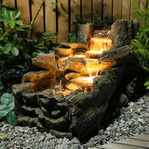 35 L Wood Grain Cascading Garden Outdoor Water Fountain with LED (34.5" L)