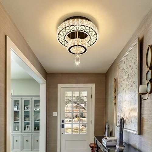 Modern Flush Ceiling Chandelier Bedroom Light Fixtures Crystal Flat Sloping Ceiling Lights for Hallway Kitchen Dining Room Dimmable Light with Remote Black (12 inch / Black)