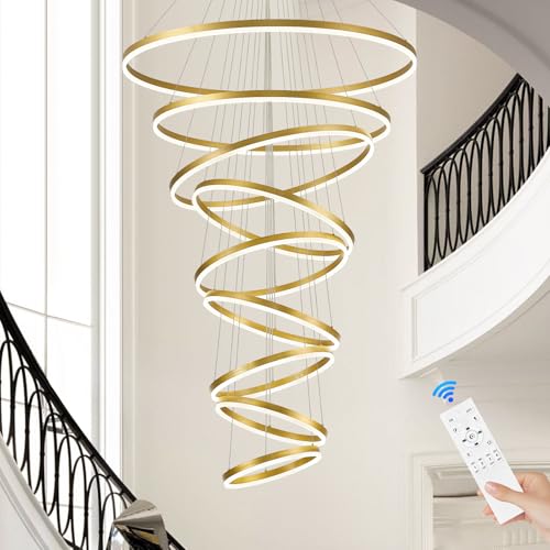 9 Rings D39.4in Modern LED Chandelier Gold Dimmable Foyer Chandeliers Entryway High Ceiling Chandelier with Remote Control for Staircase Entryway Living Room Foyer (Gold / 9 Rings 39.4in)