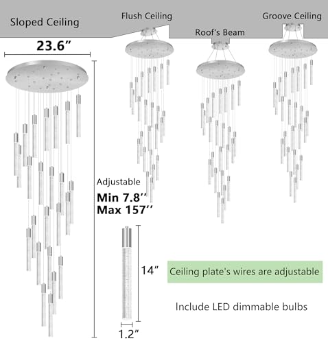 W24 x H157 Glam Chandelier Bubble Crystal Ceiling Chandeliers Remote Dimmable LED Light High Ceiling Pendants Light Fixtures Adjustable Long Lights 24 (24 lights / Silver)