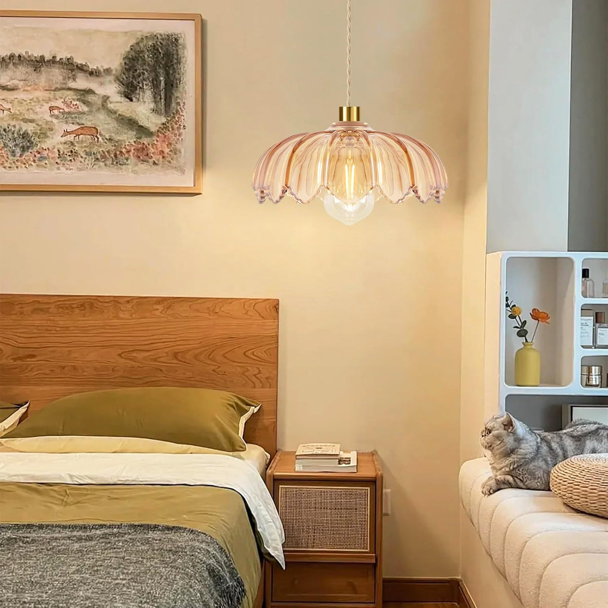 Plug in Pendant Light Hanging Lights with in Cord Mid Century Modern Gold Hanging Lamp Flower Glass Amber Vintage Dimmable Chandelier Ceiling Fixture for Living Room (Pendant Light-11)