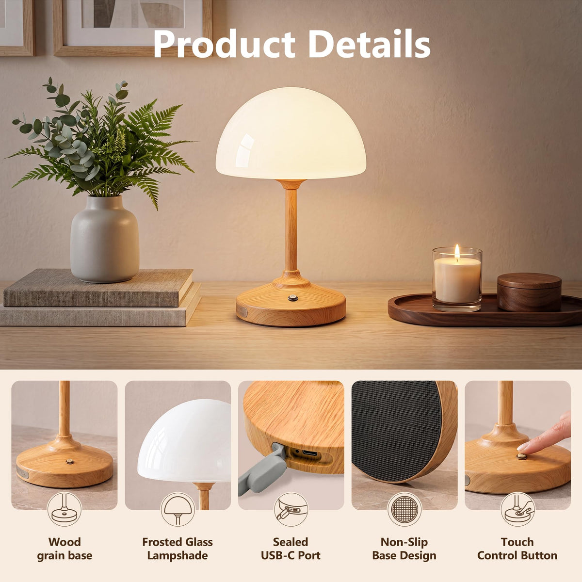Mushroom Lamp Cordless Lamp for Bedroom (Mushroom Glass Shade)