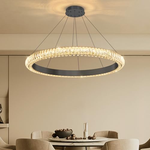 32" 1 Ring Crystal Chandelier Modern LED Dimmable Ring Pendant Light Chandelier for Dining Room Living Room Black (Black / 1 Ring Round 32")