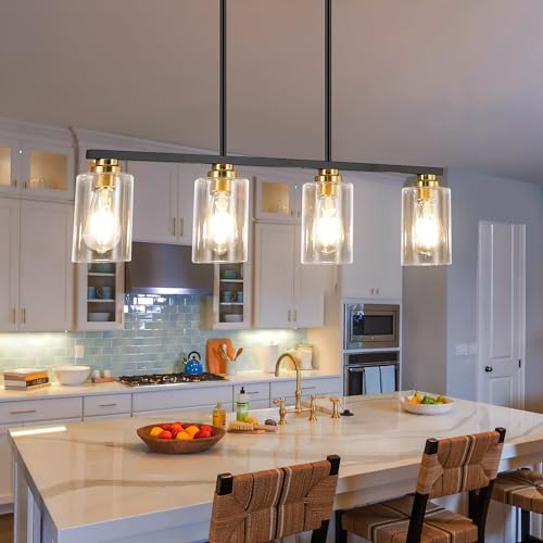 Island Light for Kitchen (Black & Gold / 4 Light + Clear Glass)