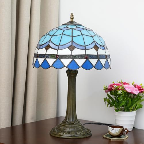 Tiffany Table Lamp Stained Glass Lamp Mediterranean Blue Bedroom Table lamp Reading Desk Light for Bedside Living Room Office Dormitory Dining Room Decorate Housewarming Gift 12X12X18 inches (Blue Mediterranean Style)