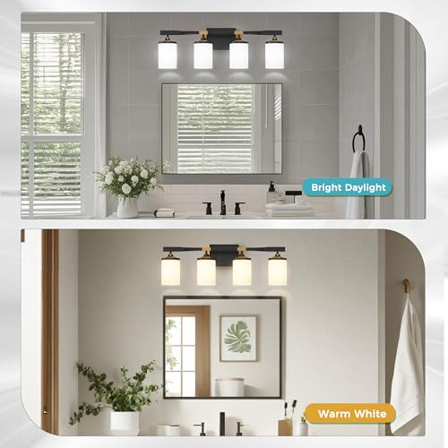 Bathroom Vanity Light Over Mirror (Black and Gold & Milky White / 4-Light)