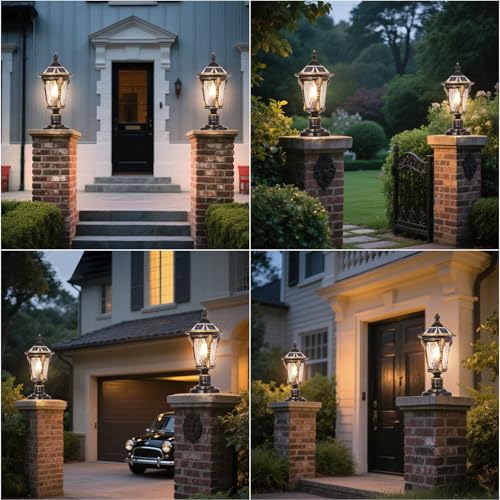 Outdoor Post Caps Light with Solar Powered 17.71" Solar LED Column Caps Lamps Rustic Bronze Fence Pillar Lamps IP65 Waterproof Deck Post Bollard Lighting Lawn Landscape Lawn Garage Yard Path Lamps