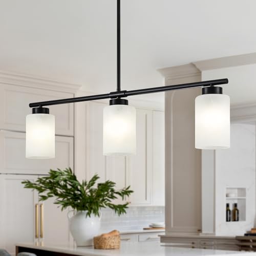 31" Kitchen Island Lighting 3 Light Black Pendant Light for Kitchen Island with Milk Glass Shade Modern Linear Chandelier Adjustable Hanging Farmhouse Light Fixtures Over Dining Table Living Room (Black / 3-light)