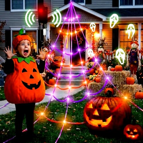 Motion Activated Lighting&Speaking] 20 * 17FT Halloween Spider Web 150 Led Purple&Orange Lights Light Up Lighted Triangular Giant Waterproof with 200sqft Cobweb for Outdoor Decor Yard Decoration