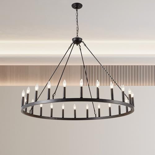 Black Wagon Wheel Chandelier Kitchen Table Lighting 24 Lights Rustic Farmhouse Dining Room Lights Chandeliers Industrial Pendant Lighting for Dining Room Kitchen Island (Black / 24 Lights)