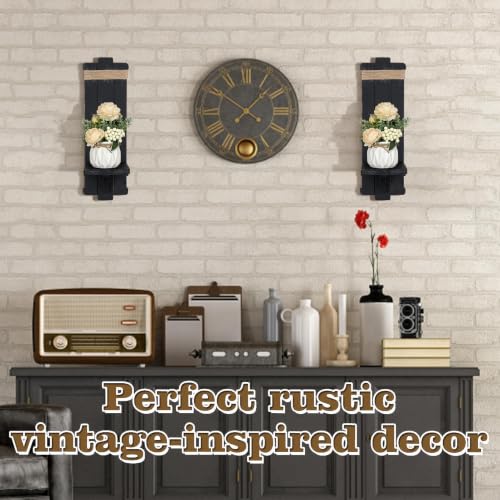 Handmade Wooden Candle Sconces Set of 2 Farmhouse Wall Decor (Black / 5.3"L x 4.7"W x 16"H)