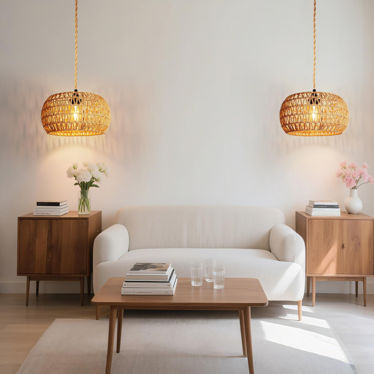 Hanging Light Lamp Shades Boho Rattan Lamp Shades (12.6 Inch-Drum Shade)