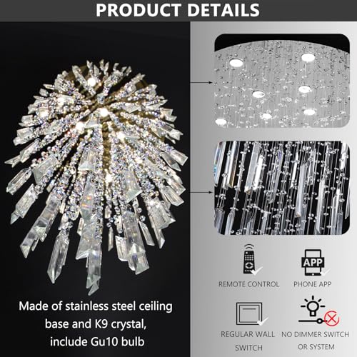 D32'' x H100'' Modern Crystal Chandelier High Ceiling Chandeliers for Entryway Glam Chandelier Large Raindrop Chandeliers LED Dimmable Light Fixtures for Staircaes Foyer Hallway Living Room Silver (D32'' x H100'' Silver)