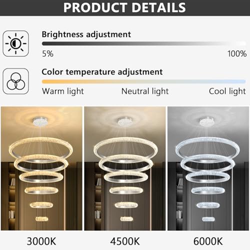 47" 6 Ring Crystal Chandelier Modern LED Dimmable Ring Pendant Light Chandelier for Dining Room Living Room Silver (Silver / 6 Ring Round 47")