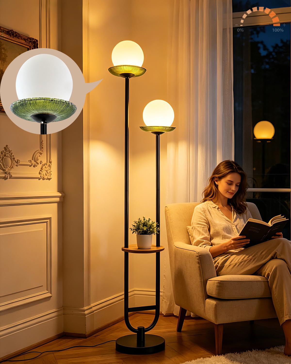 2 Globe Floor Lamp with Green Glass Tray Black Dimmable Tall Lamp (Green-2U Black)