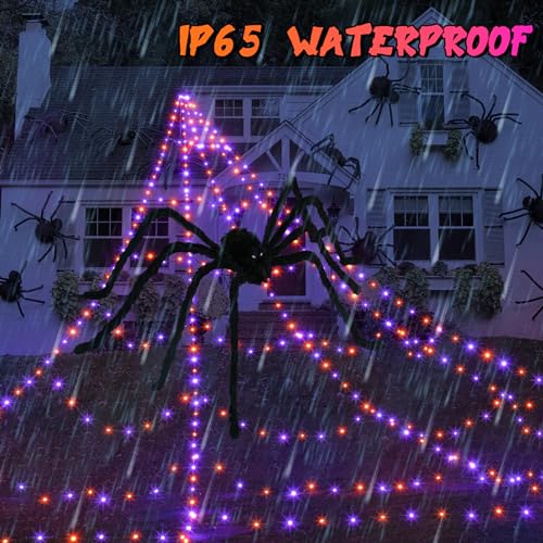 Halloween Spider Web Lights Decoration 455 LED Spider Webs Halloween Decorations Outdoor with 59" Large Spider & 3.53 oz Stretch Cobweb 16.4 Ft Light Up Giant Spider Web