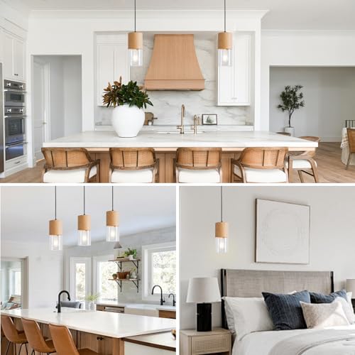 3 Pack Modern Pendant Lights for Kitchen Island (Wood Grain & Transparent—Cord / 3 Pack)