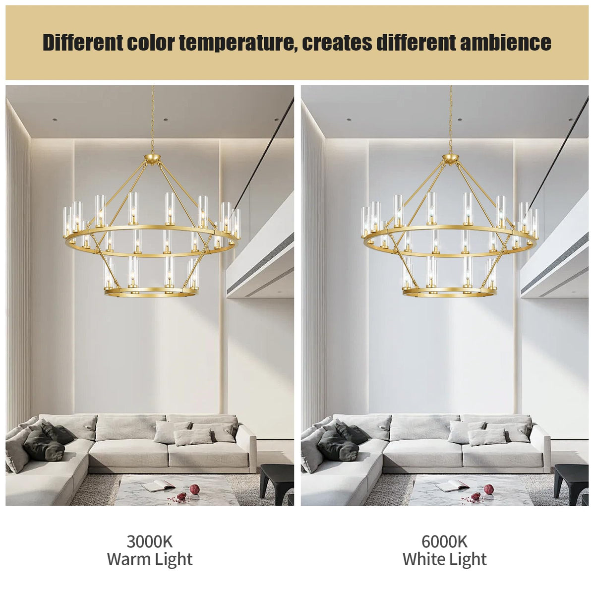 48 Inch Large Gold Wagon Wheel Chandelier with Clear Glass Shade 2 Tier 24 (Gold / 2 Tier-24 Lights)