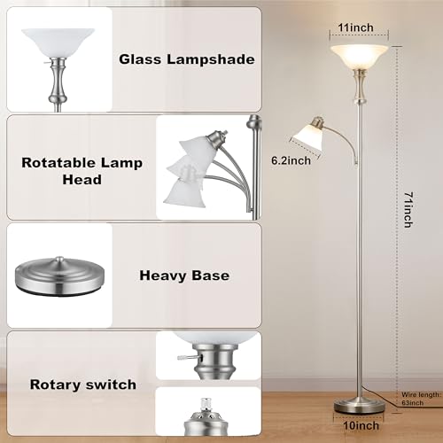 Torchiere Silver Floor Lamp with Adjustable Angle Reading Lamp (Silver)