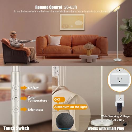 Floor Lamp Upgraded 40W 4000LM Super Bright Torchiere LED Floor Lamps for Living Room (Silver)