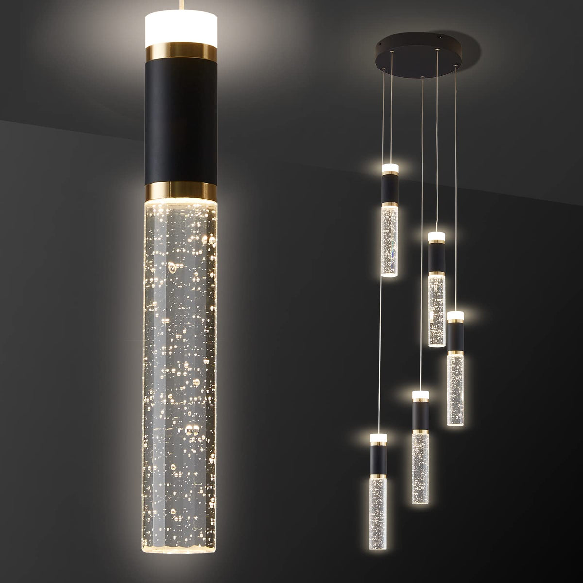 5 Light Modern LED Pendant Light for Kitchen Island Lighting Dimmable Dining Room Chandelier Light Fixture Bubble Crystal Ceiling Hanging Lights 3000K (Black / 5-Light)