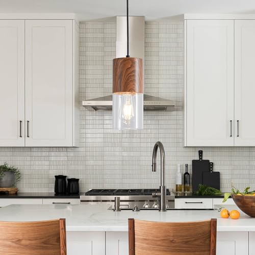 3 Pack Modern Pendant Lights for Kitchen Island (Brown Wood Grain & Transparent—Cord / 3 Pack)