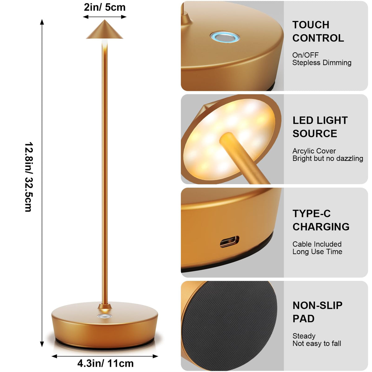 Rechargeable Cordless Table Lamp (Gold)