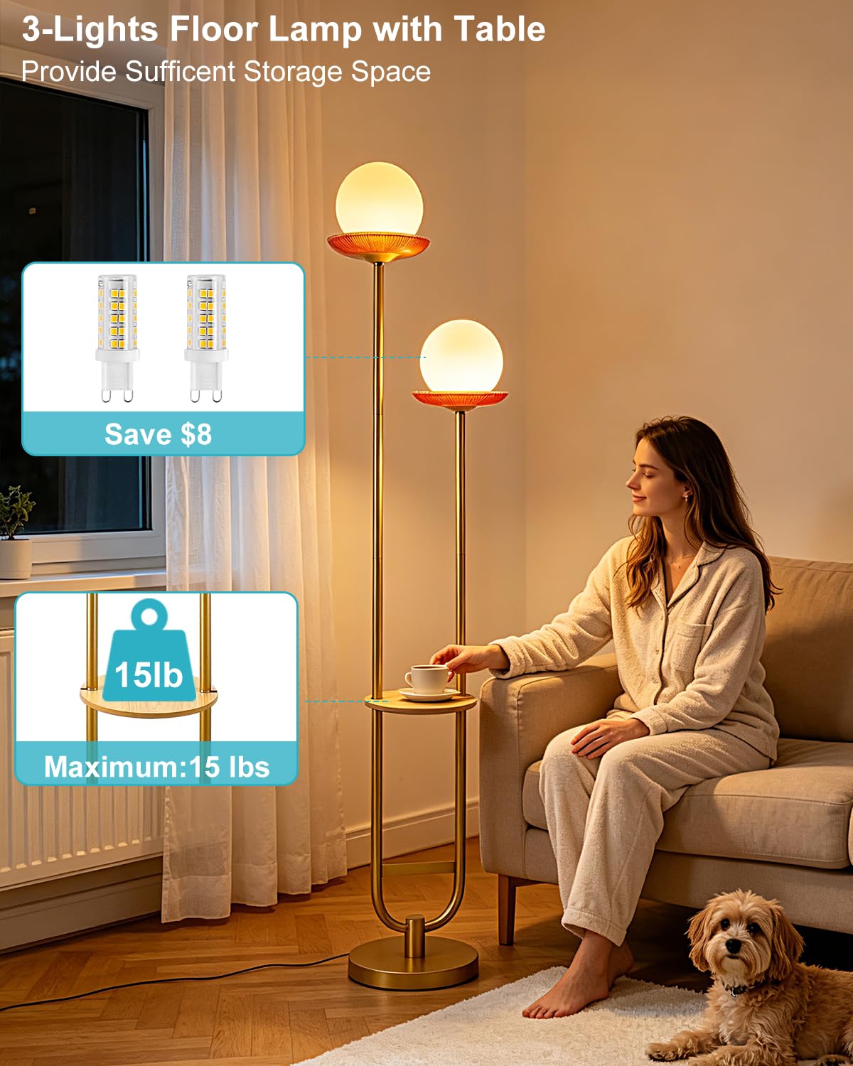 2 Globe Floor Lamp with Red Glass Tray Gold Dimmable Tall Lamp (Red-2U Gold)
