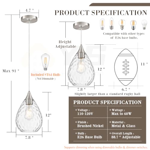 Nickel Glass Pendant Lights Kitchen Island 8" Pendant Light Hammered Clear Glass 2 Pack Height Adjustable Modern Hanging Pendant Lights for Dining Room Bedroom Hallway Sink Bulbs Incl (Nickel, 2 PK / 8 Inch)